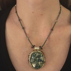 Earth-Tone Hand Beaded Cabochon Pendant Necklace